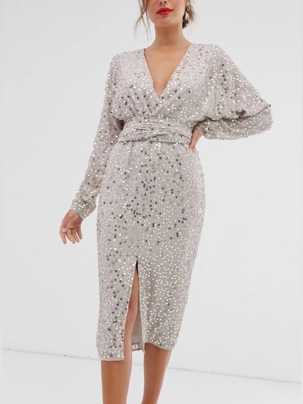 NWT ASOS DESIGN Tan Sequin Long Sleeve Midi Dress Size 6 Tie Waist